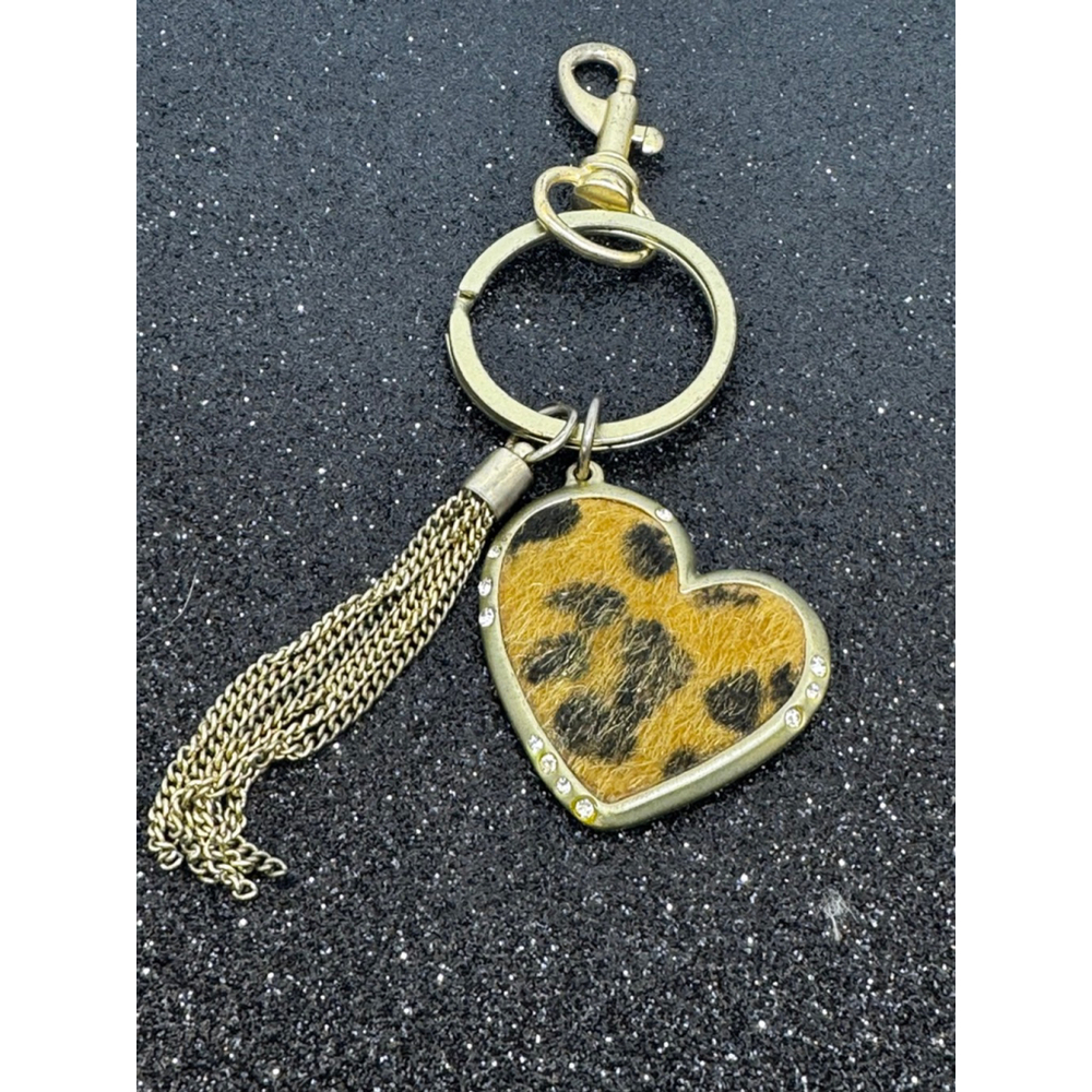 Chico's Leopard Print Calf Hair Heart Keychain Gold Tone Tassel Bag Charm